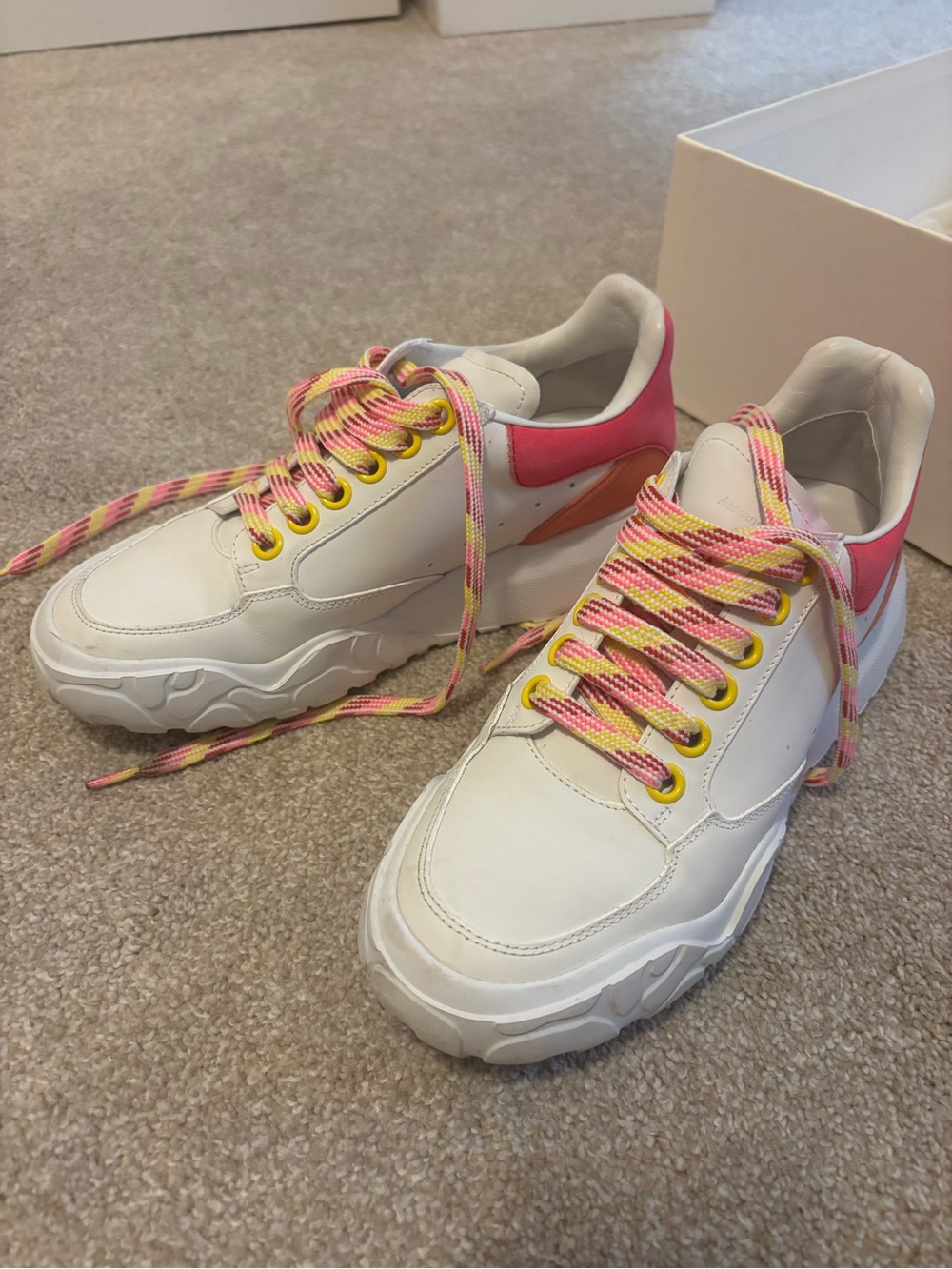 Alexander McQueen White Sneakers with Pink Heel and Yellow-Pink Laces